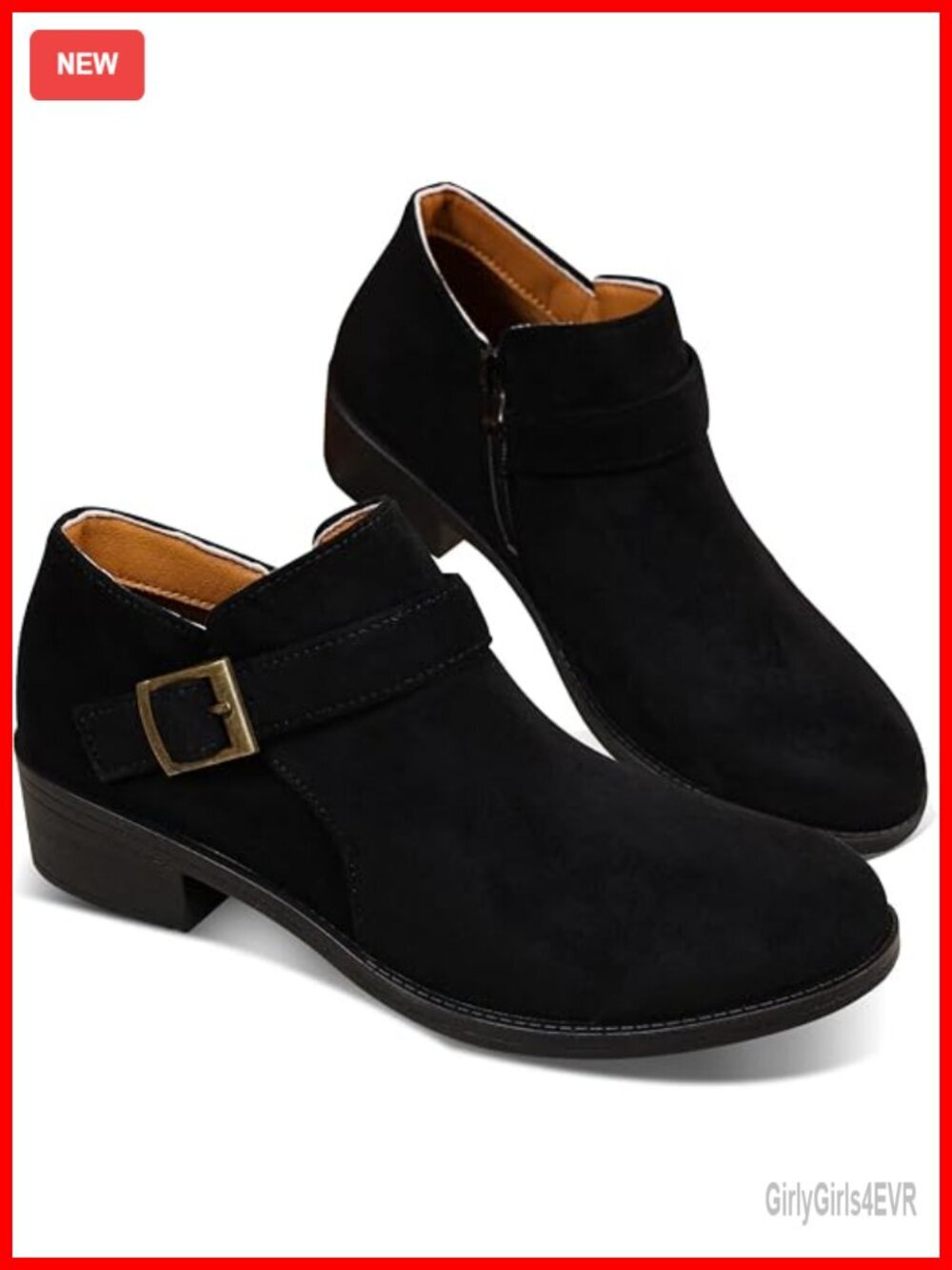 Women's Suede Ankle Boots with Buckle Strap, Low Block Heel, Western Style